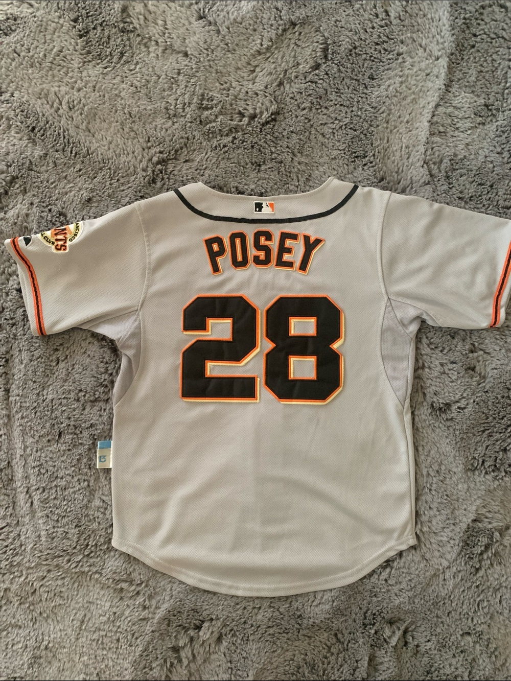 Buster Posey Majestic Gray Kids Baseball Jersey with Black and Orange Accents